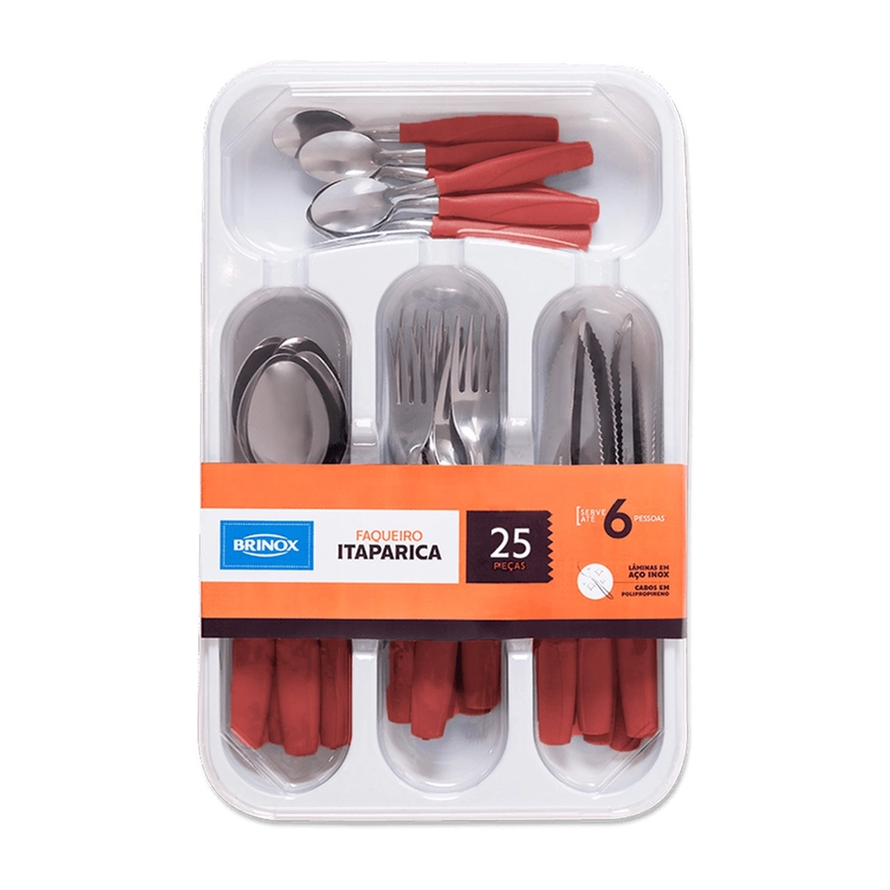 Set Cubiertos en Acero Inox. c/ Mango Plástico de 25 Piezas Rojo