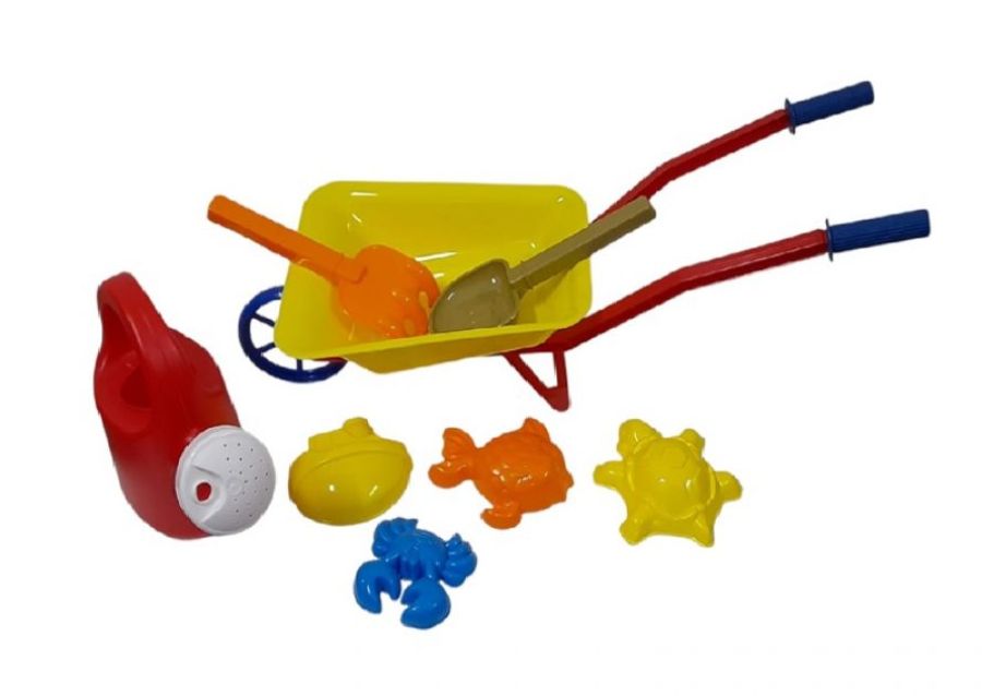 CARRETILLA PLASTICA C/REGADERA, PALA Y RASTRILLO CHICO + 4 MOLDES (0860) RUESTES