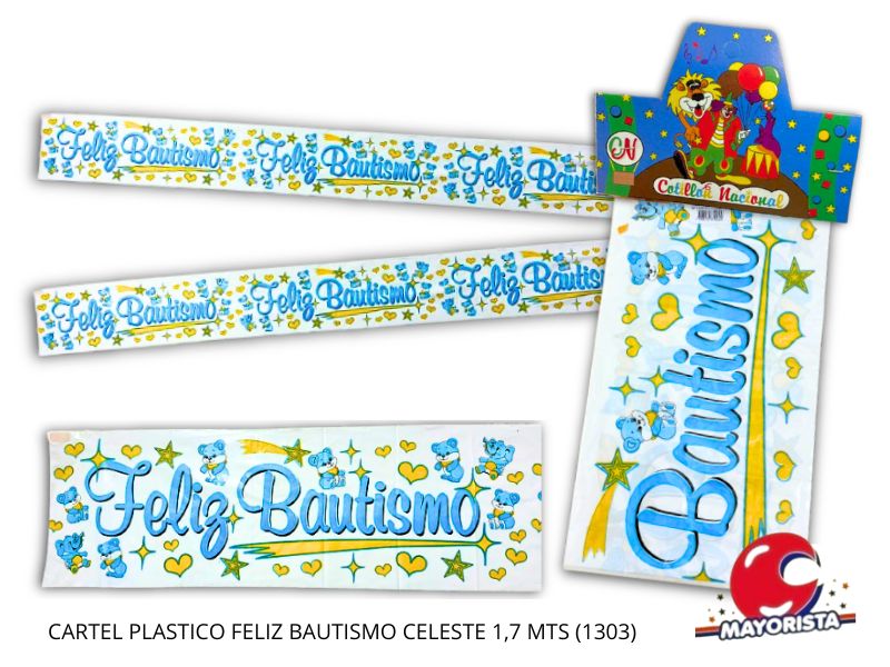 CARTEL PLASTICO FELIZ BAUTISMO CELESTE 1,7 MTS (1303) COTILLON NACIONAL