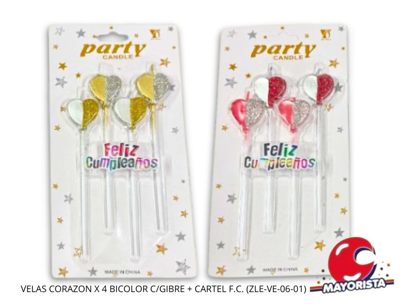 VELAS CORAZON X 4 BICOLOR C/GIBRE + CARTEL F.C. (ZLE-VE-06-01) ERIK
