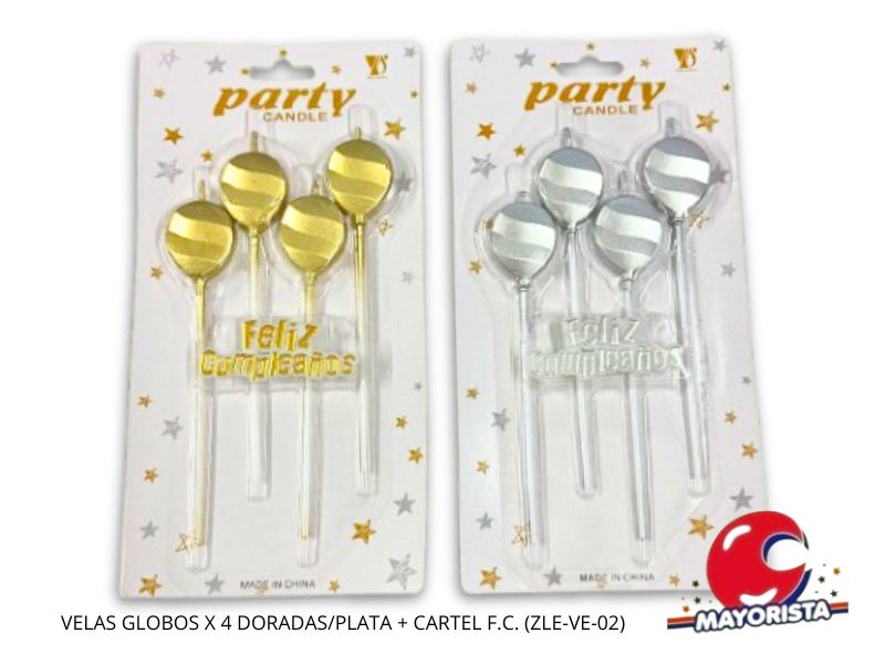 VELAS GLOBOS X 4 DORADAS/PLATA + CARTEL F.C. (ZLE-VE-02) ERIK