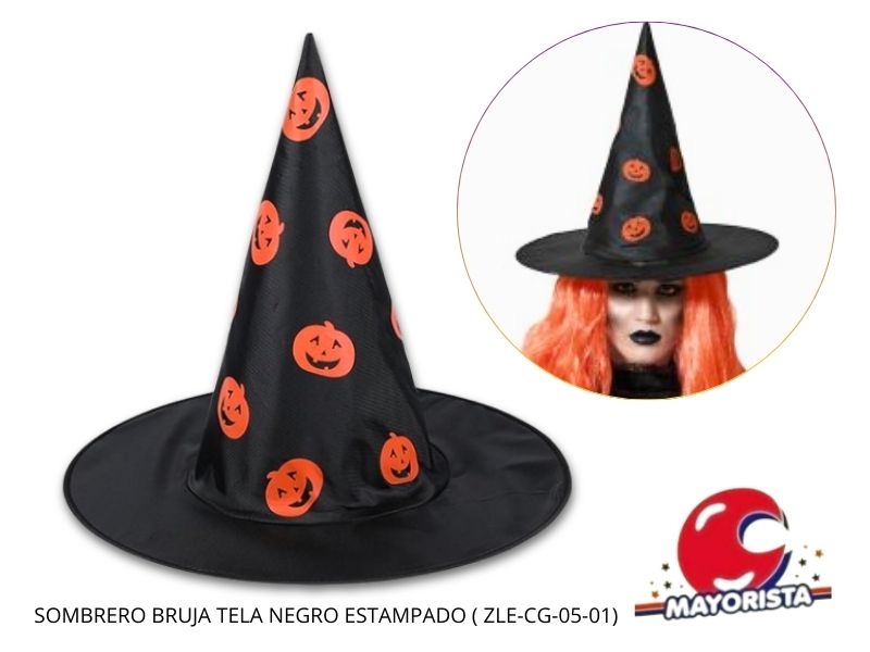 SOMBRERO BRUJA TELA NEGRO ESTAMPADO (ZLE-CG-05-01) ERIK