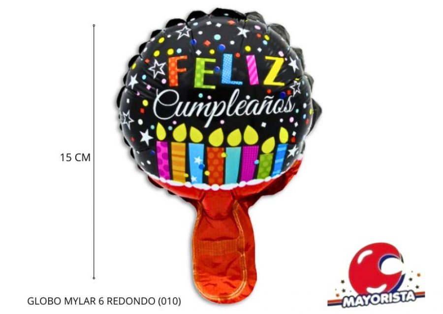 GLOBO MYLAR 6 REDONDO FELIZ CUMPLE NEGRO VELAS COLORES (010) LCOST