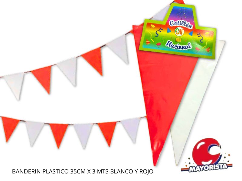 BANDERIN PLASTICO 35CM X 3 MTS BLANCO Y ROJO (1090) COTILLON NACIONAL