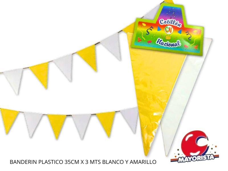 BANDERIN PLASTICO 35CM X 3 MTS BLANCO Y AMARILLO (1092) COTILLON NACIONAL