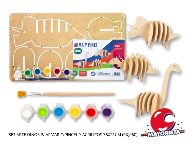 SET ARTE DINOS P/ ARMAR C/PINCEL Y ACRILICOS 36X21CM (RKJ060) RECKO