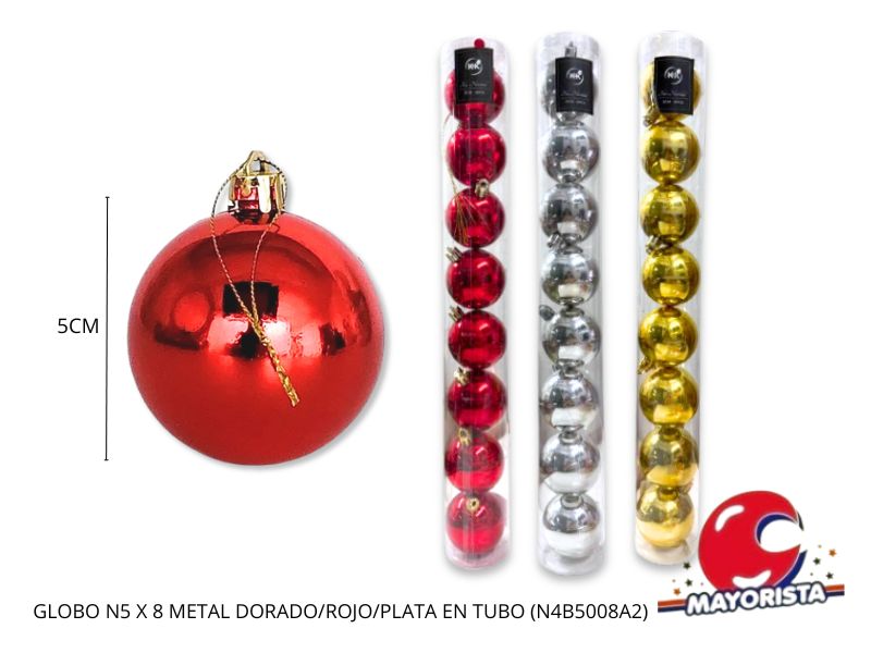 GLOBO N5 X 8 METAL DORADO/ROJO/PLATA EN TUBO (N4B5008A2) POKA