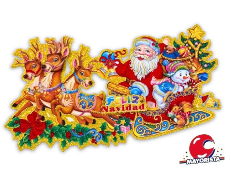 CARTEL FELIZ NAVIDAD PAPA NOEL CON RENOS 18X36 (NS203210) POKA