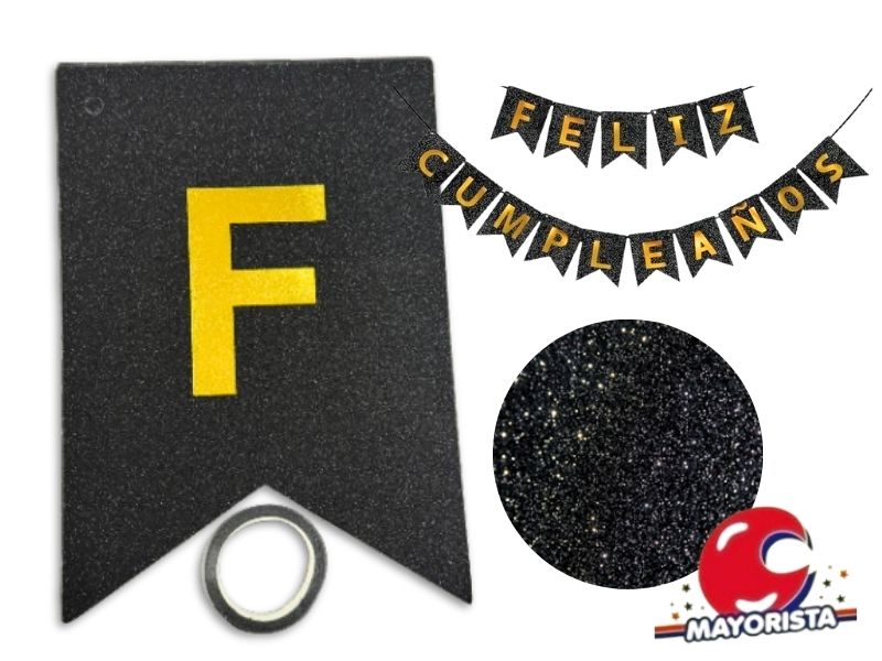 BANDERIN CARTON GLITTER NEGRO FELIZ CUMPLE (YW18-093) LCOST