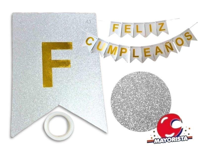 BANDERIN CARTON GLITTER PLATA FELIZ CUMPLE (YW18-093) LCOST