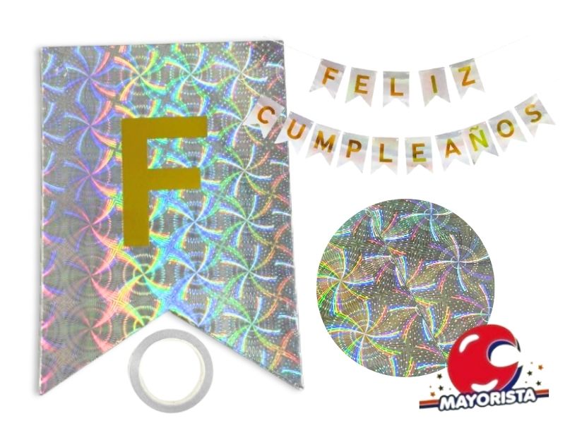 BANDERIN CARTON HOLOGRAFICO PLATA FELIZ CUMPLE (YW18-096) LCOST