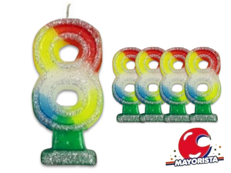 VELA NUMEROTE 8 MULTICOLOR C/GIBRE X 1 (X10) - VELAS MULTICOLOR